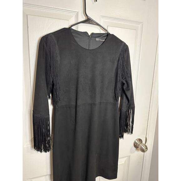 Zara Black Suede Western Dress Tassel Fringe Long Sleeve Size Small Cowgirl - Picture 3 of 8